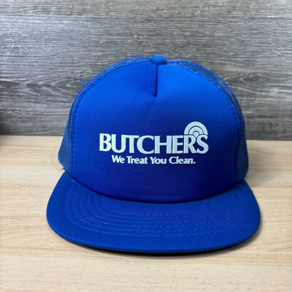 Vintage Butchers Hat Cap Snapback Blue Trucker We Treat You‎ Clean